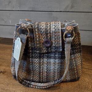 Handmade Earth Squared Plaid Shoulder Bag with Button Accent NWT